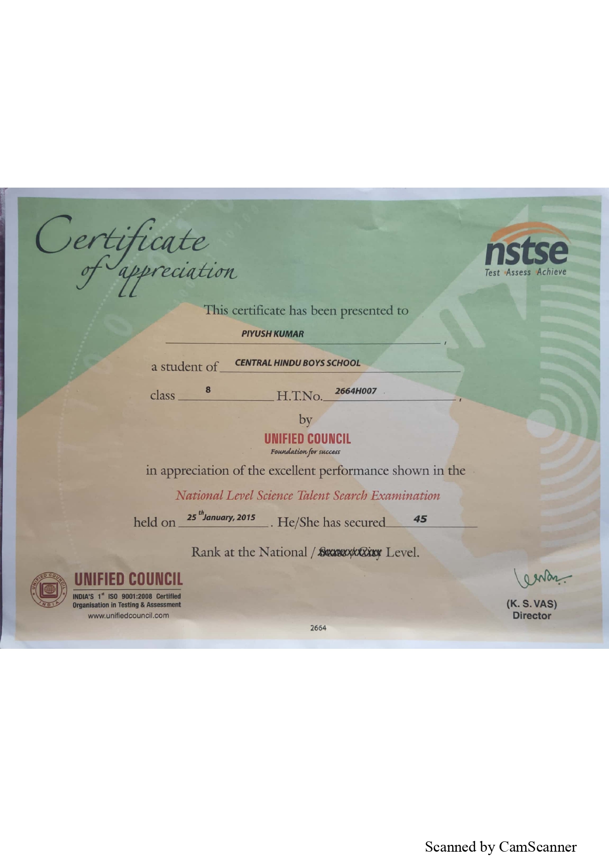 NSTSE certificate, Class 8th